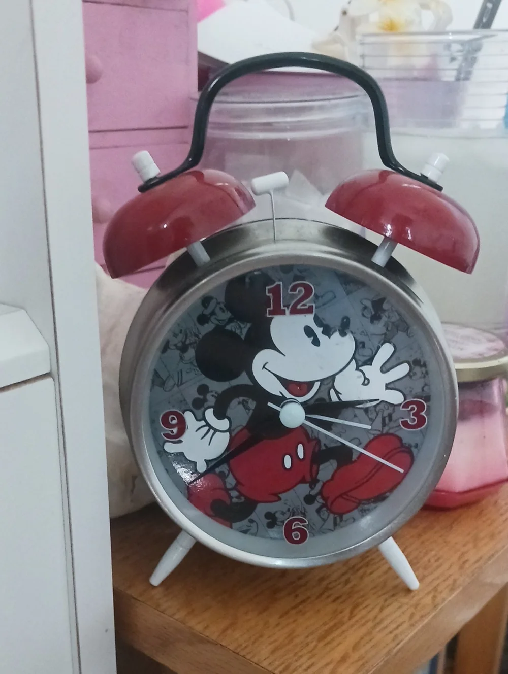 Vintage Disney Mickey Mouse Red Twin-Bell Alarm Clock - Classic Cartoon Decor